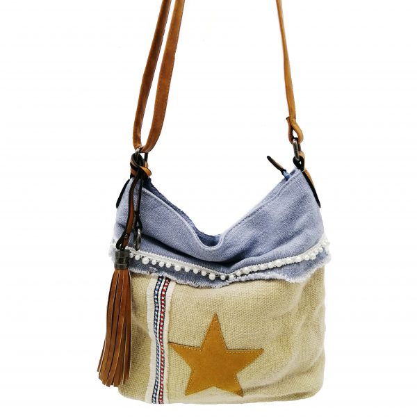 sac bandoulière motif étoile bleu ciel et beige, style bohème, accessoires de mode et maroquinerie à Lyon