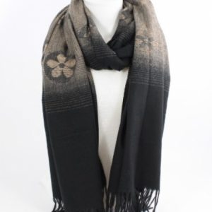 écharpe douce en laine viscose et coton couleur noir et camel, accessoire de mode féminin à Lyon