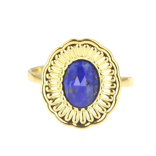zoom bague dorée réglable en acier inoxydable avec pierre naturelle lapis lazuli accessoires de mode pour femmes à Lyon, bijoux, écharpes, montres....