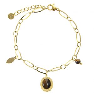 bracelet doré en acier inoxydable avec pierre naturelle œil de tigre, accessoire de mode pour femme à Lyon, bijoux, écharpes, montres...