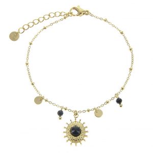 bracelet doré avec soleil pierre naturelle agate noir, accessoire de mode pour femme à Lyon, bijoux, écharpes, montres...
