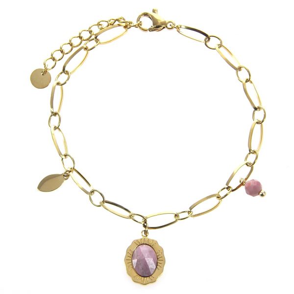 bracelet doré en acier inoxydable avec pierre naturelle rhodonite rose, accessoire de mode pour femme à Lyon, bijoux, écharpes, montres...