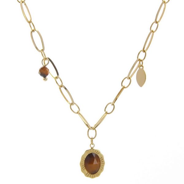 collier doré en acier inoxydable avec pierre naturelle œil de tigre, accessoires de mode pour femmes à Lyon