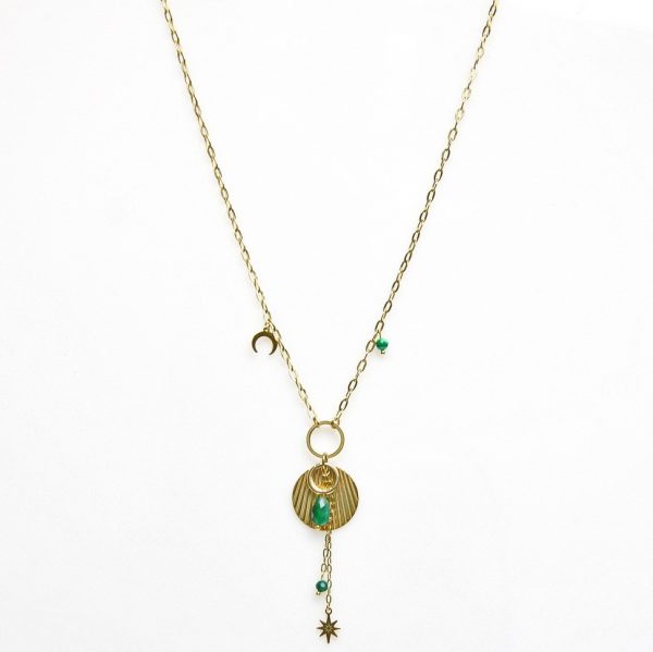 sautoir doré avec pierres naturelles vertes, motif étoile polaire et croissant de lune, accessoires de mode pour femmes à Lyon