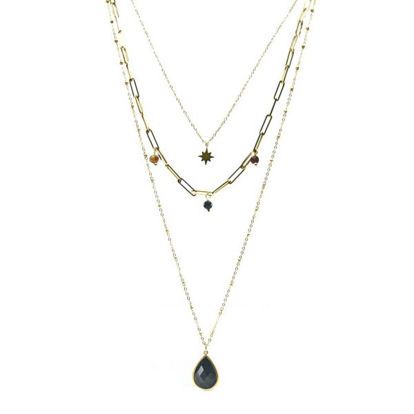 sautoir collier multi-chaînes doré goutte avec pierre naturelle agate, accessoires de mode pour femmes à Lyon