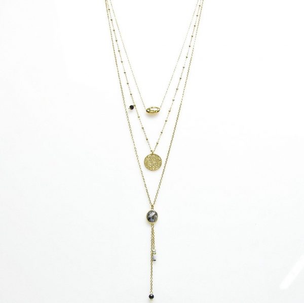 sautoir collier multi-chaînes doré avec pierres naturelles grises et noires , motif étoile polaire et croissant de lune, accessoires de mode pour femmes à Lyon