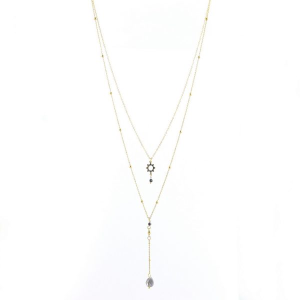 sautoir collier multi-chaînes doré avec perles noires et pierre bleue, accessoires de mode pour femmes à Lyon