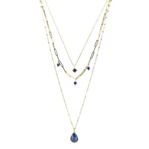 sautoir collier multi-chaînes doré goutte avec pierre naturelle lapis lazuli, accessoires de mode pour femmes à Lyon