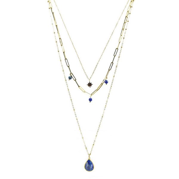 sautoir collier multi-chaînes doré goutte avec pierre naturelle lapis lazuli, accessoires de mode pour femmes à Lyon