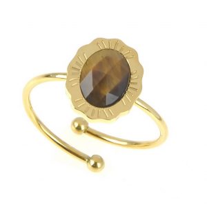 zoom bague dorée réglable en acier inoxydable avec pierre naturelle œil de tigre accessoires de mode pour femmes à Lyon, bijoux, écharpes, montres....