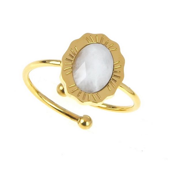 zoom bague dorée réglable en acier inoxydable avec pierre naturelle pierre de lune, accessoires de mode pour femmes à Lyon, bijoux, écharpes, montres....