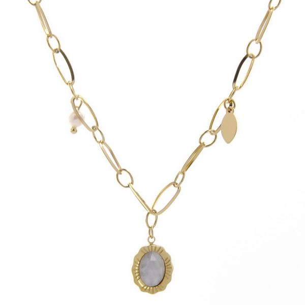 zoom collier doré en acier inoxydable avec pierre naturelle pierre de lune, accessoires de mode pour femmes à Lyon