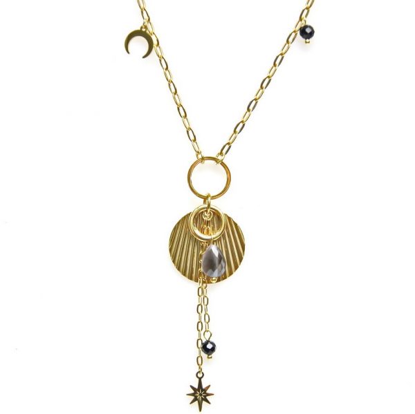 zoom collier doré avec pierres naturelles noires et grises, motif étoile polaire et croissant de lune, accessoires de mode pour femmes à Lyon
