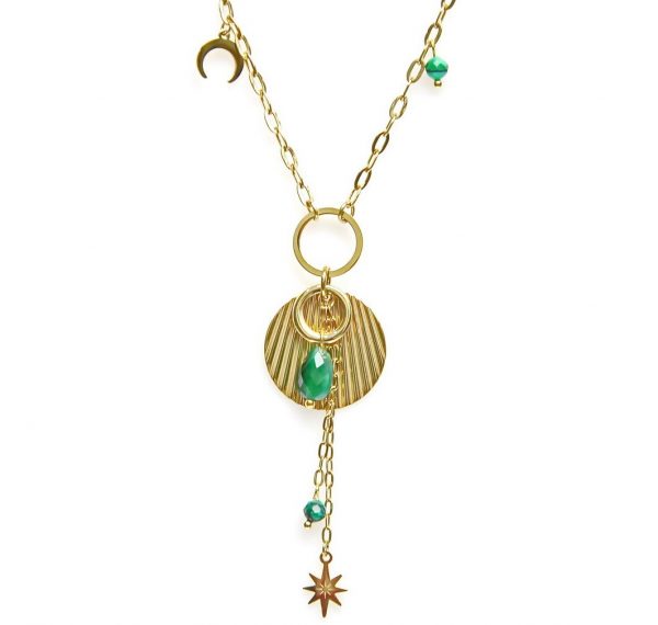 zoom sautoir doré avec pierres naturelles vertes, motif étoile polaire et croissant de lune, accessoires de mode pour femmes à Lyon
