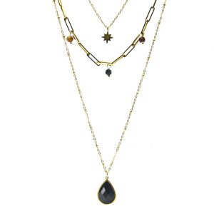zoom sautoir collier multi-chaînes doré goutte avec pierre naturelle agate, accessoires de mode pour femmes à Lyon