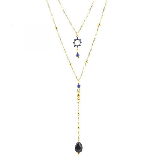 zoom sautoir collier multi-chaînes doré avec perles bleues et noires , accessoires de mode pour femmes à Lyon