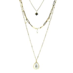 zoom sautoir collier multi-chaînes doré goutte avec pierre naturelle howlite, accessoires de mode pour femmes à Lyon