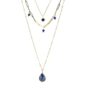 zoom sautoir collier multi-chaînes doré goutte avec pierre naturelle lapis lazuli, accessoires de mode pour femmes à Lyon