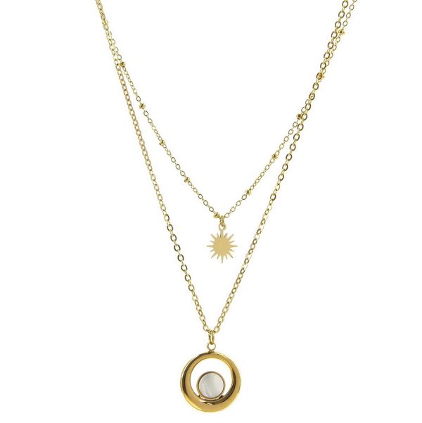 zoom sautoir cercle et étoile doré avec pierre naturelle coquille de nacre, accessoires de mode pour femmes à Lyon