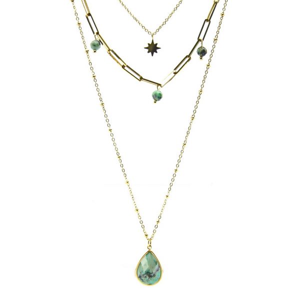 zoom-sautoir collier multi-chaînes doré goutte avec pierre naturelle turquoise afrique, accessoires de mode pour femmes à Lyon