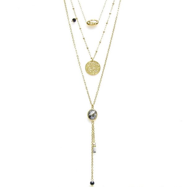 zoom sautoir collier multi-chaînes doré avec pierres naturelles grises et noires , motif étoile polaire et croissant de lune, accessoires de mode pour femmes à Lyon